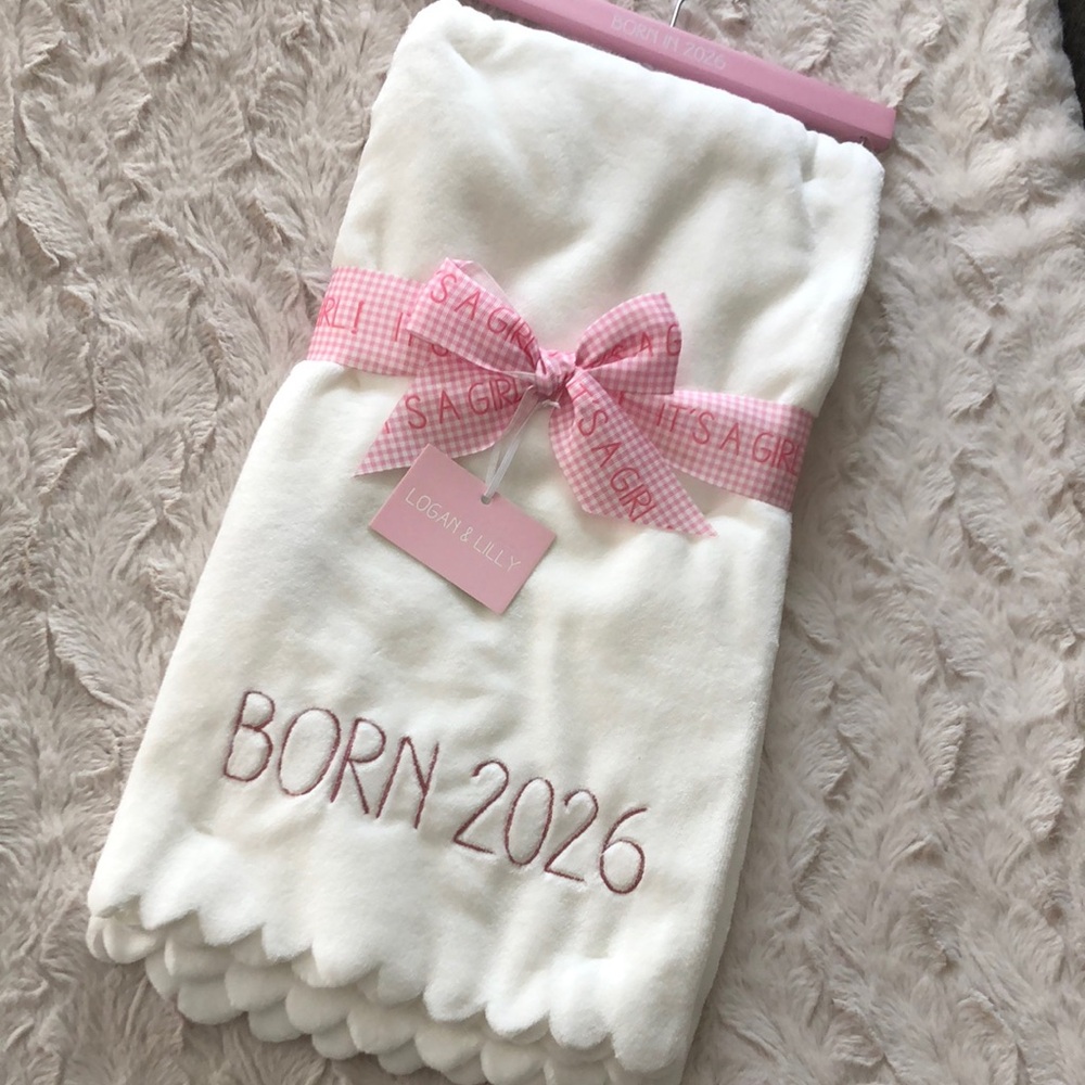 Logan + Lilly "Born 2026" Pink Embroidered Baby Blanket